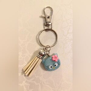 Cute Kitty Cat Tassel Keychain - Blue with Pink Flower